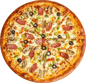 Pizza artesanal redonda com diversos ingredientes como calabresa, cogumelos, azeitonas e pimentões, vista de cima, servida na Pizzaria Bellissima Italia em Luís Correia